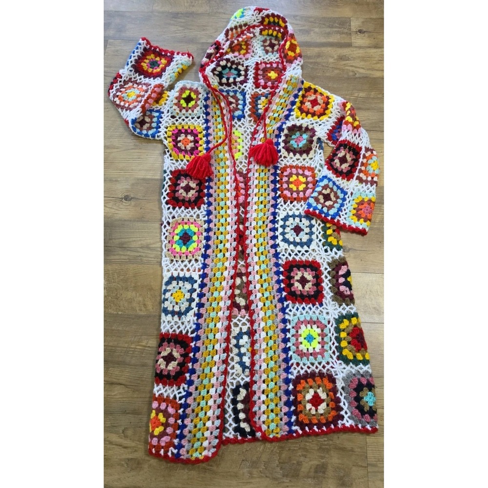 Crochet Granny Square Handmade Cardigan Knit Long Rainbow Hooded Boho Duster